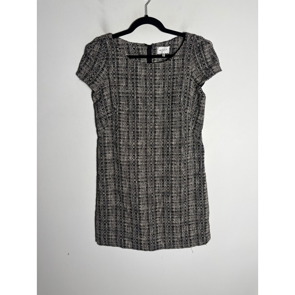 Milly Tweed Wool Cotton Shift Mini Dress 10 Black Preppy Coquette Academia